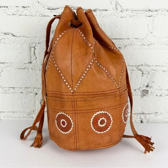 VTG Genuine Leather Drawstring Whipstitch Patchwork Bucket Bag Vintage - Picture 3 of 12